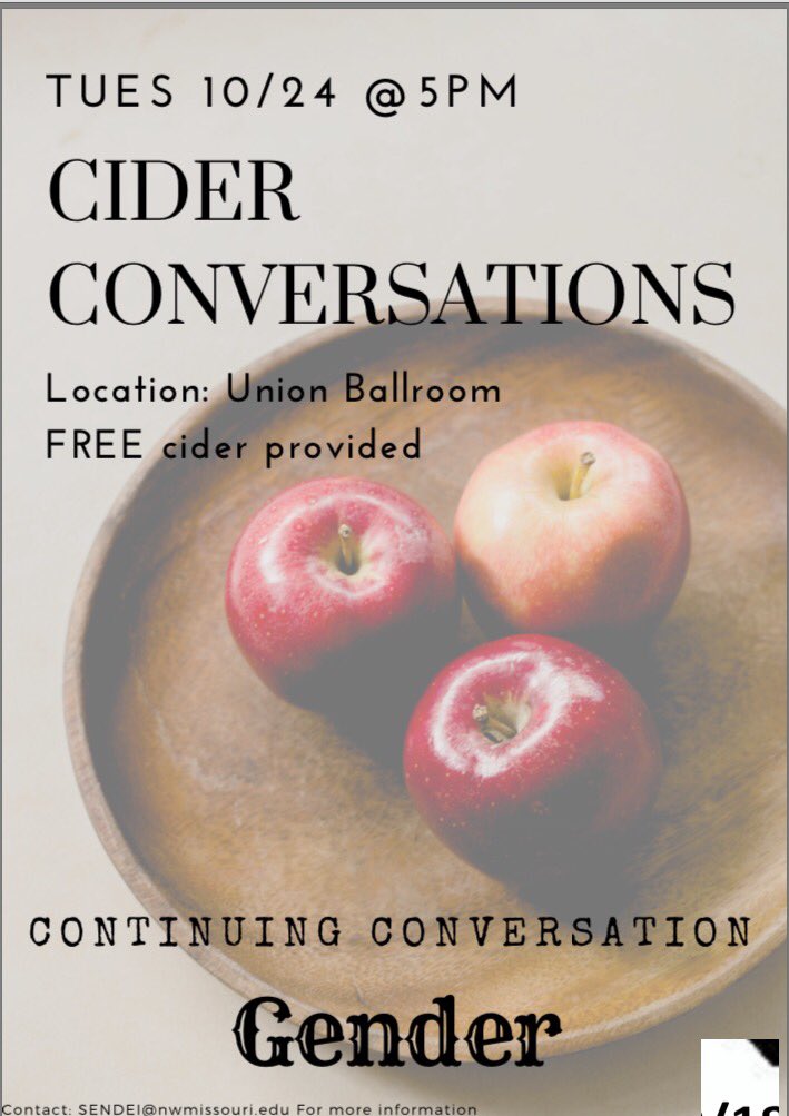 NWsenate's tweet photo. Good morning Bearcats, Cider and conversation will be taking place tonight.Come out and enjoy cider on this cold day and talk about gender! https://t.co/8nlZy2oXbb