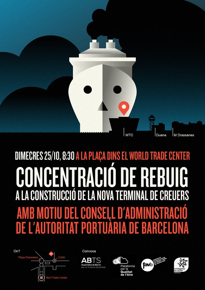 AssBarrisDT's tweet photo. #AlertaCreuers 24/10: VERMELLA
6 creuers i 18.158 creueristes
I @portdebarcelona vol aprovar una terminal més?
#StopCreuers #NovaTerminalNO! https://t.co/LN31tD7mIT
