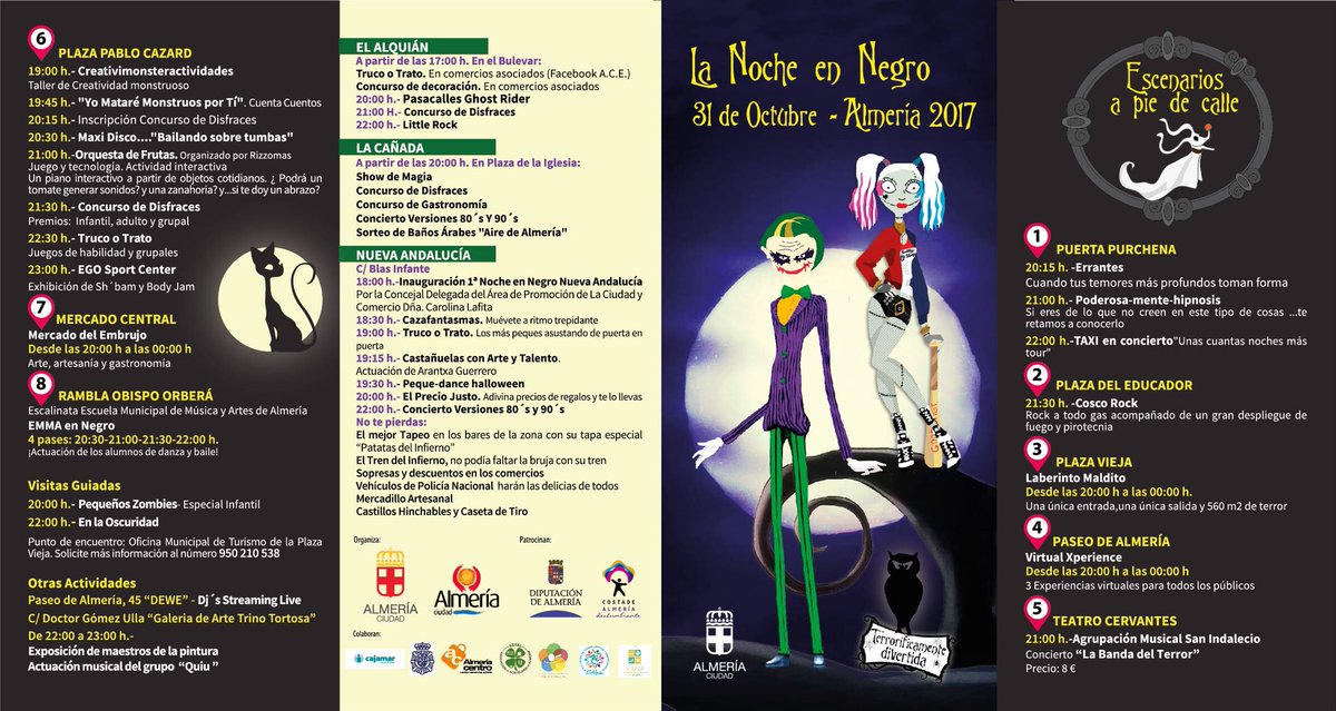 aytoalm's tweet photo. Si no tienes miedo... 😱 estas son las actividades de la #NocheEnNegro de Almería 2017 🎃💀👻😈 #Halloween #terror @Culturalmeria @almerialovers https://t.co/jE3DKCwOxf