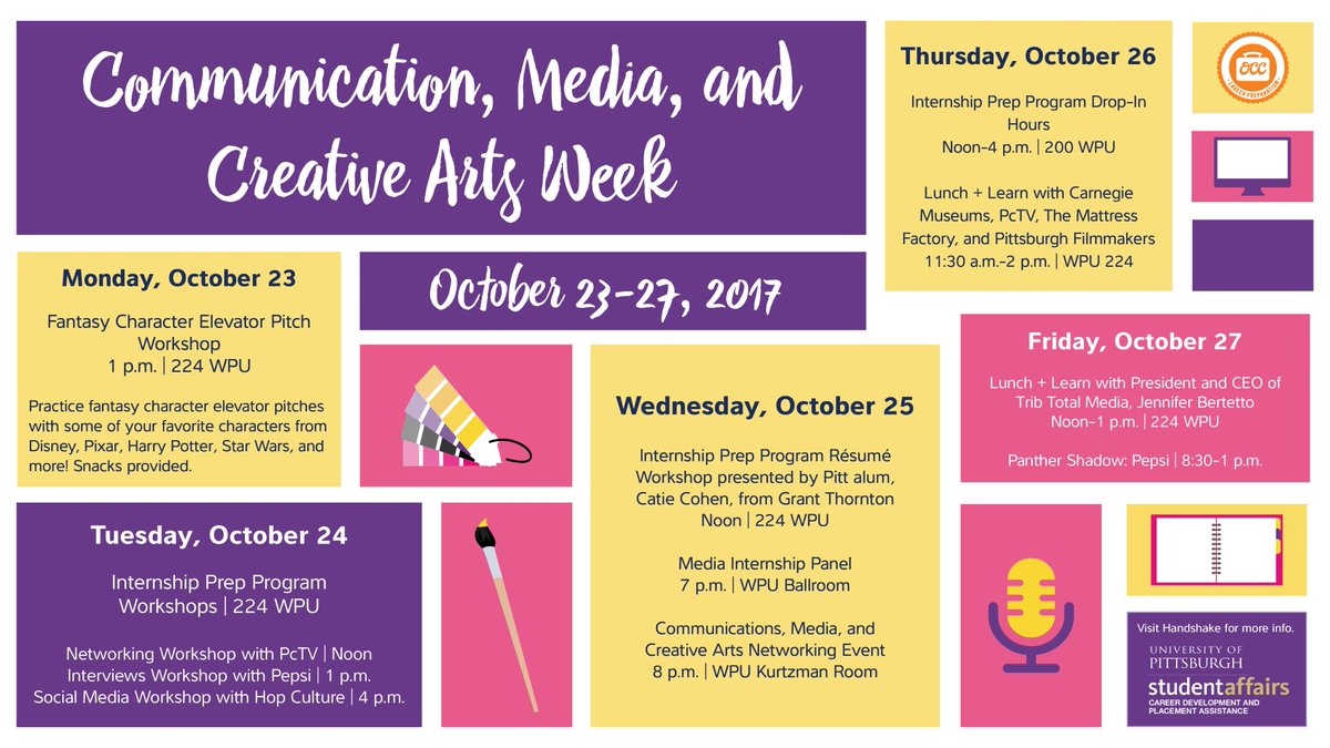 PittCareers's tweet image. Communications, Media, and Creative Arts Week is in full swing! More info and registration: studentaffairs.pitt.edu/cdpa/communica…