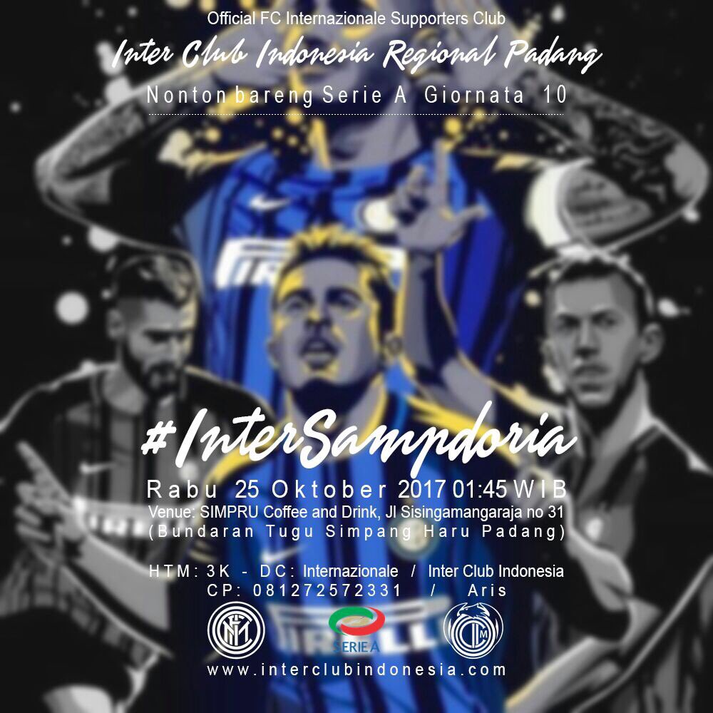 ICI Padang | Nobar Inter VS Sampdoria | Rabu 25 Oktober 2017 | 01:45 Wib | Simpru Coffe Bundaran simp haru 
#FCIM
#ForzaInter
#kuynobar