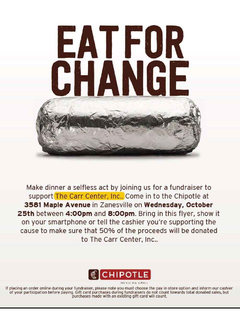 Carr_Center's tweet photo. Eat for Good! Join us at Chipotle to raise funds for youth services! Share this image at checkout. Maple Ave location, Zanesville. https://t.co/usfRvBHiZz