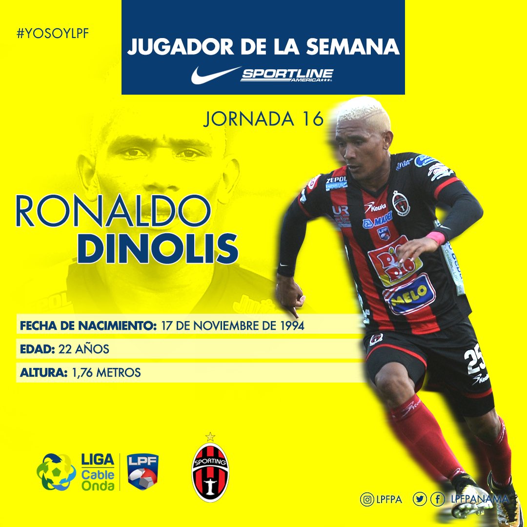 LPFpanama's tweet photo. ¡El goleador! Ronaldo Dinolis del @sportingsmfc es el jugardor de la semana. #YoSoyLPDF https://t.co/IJ6oyQtrGv