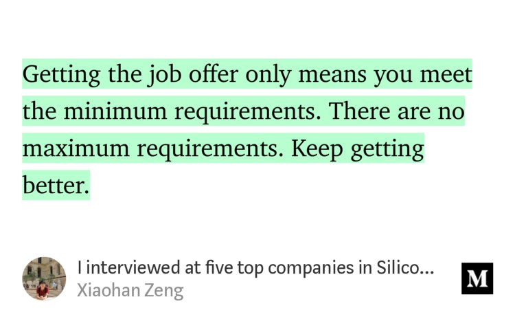 “I interviewed at five top companies in Silicon Valley in five days, and luckily got five job offers” — <a href="/XiaohanZeng/">Xiaohan Zeng</a> medium.com/@XiaohanZeng/i…