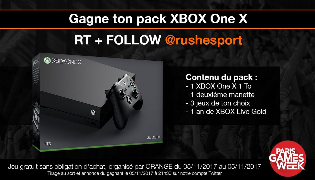 RushEsport's tweet photo. 💥 Concours #OrangePGW n°5 💥

👉 RT+FOLLOW @rushesport pour tenter de gagner un pack XBOX One X ! #PGW https://t.co/5VtzFnwa8o