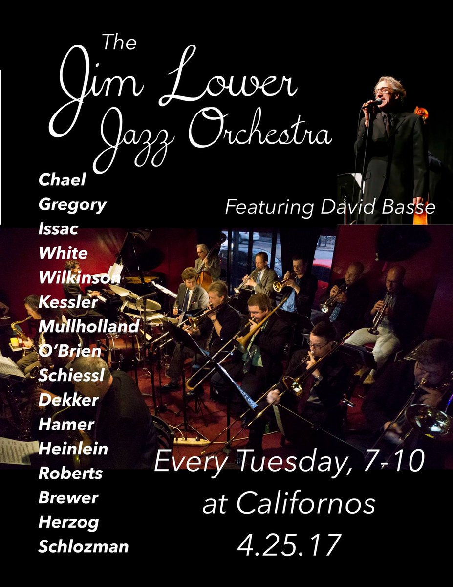 Californos's tweet photo. #JazzNebula at Californos - Tuesdays Feature #JimLowerJazzOrchestra and #DavidBasse in the #Nebula @Californos https://t.co/VmjsE3VPfx https://t.co/4iHzE5DEwv
