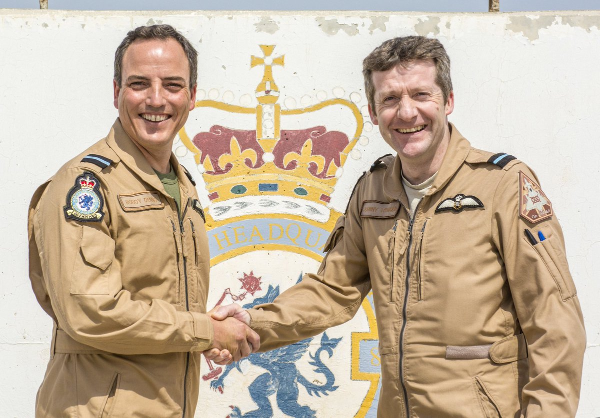 DefenceOps's tweet image. .@RoyalAirForce Air Commodore Johnny Stringer (R) hands over command to Air Commodore Roddy Dennis in Qatar @CJTFOIR #defeatDaesh