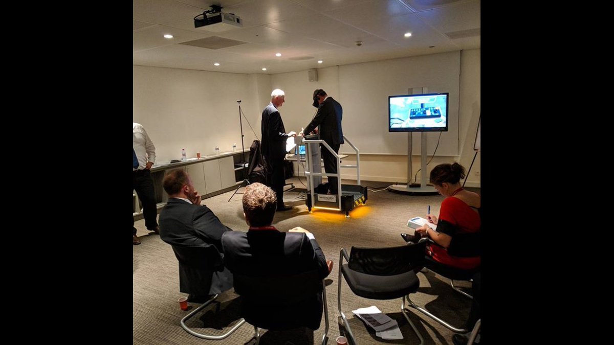 SeriousLabs's tweet photo. @Jgcolvin and Nigel Taylor work with Loxam Corporate Execs on the VR MEWP sim at Loxam’s HQ in Paris. #reconstructReality #virtualReality https://t.co/TzEwzcnVkZ