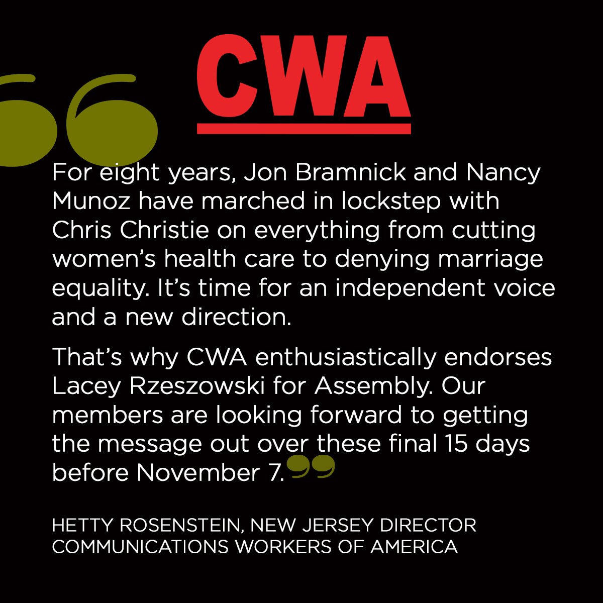 LaceyRzeszowski's tweet photo. So honored o be endorsed by @CWA_NJ. Remember election day is Nov 7. Vote Lacey Rzeszowski to be #ANewVoiceYourVoice in the State Assembly https://t.co/n3b1Detcge