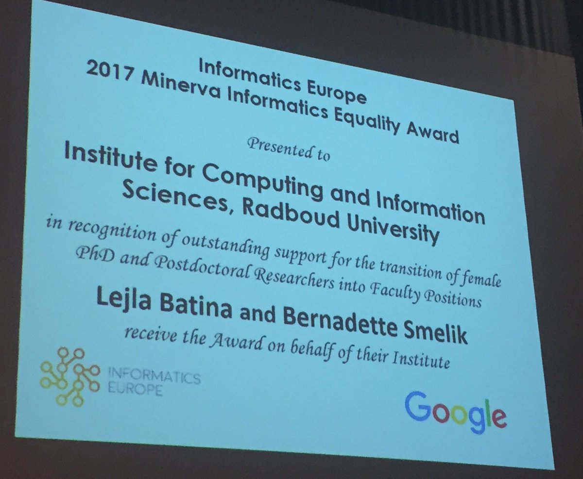 RWoCS's tweet photo. iCIS wins the 2017 Minerva award from Informatics Europe @Radboud_Uni https://t.co/rtyPhG6Ddj https://t.co/6kNf3TL8tT
