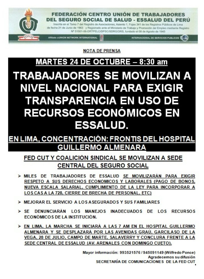 ISP_Peru's tweet photo. @FedCut y Coalición Sindical @EsSaludPeru se movilizan. @canalN_ @larepublica_pe @RPPNoticias @exitosape @willaxtv https://t.co/BxeSxp6axM