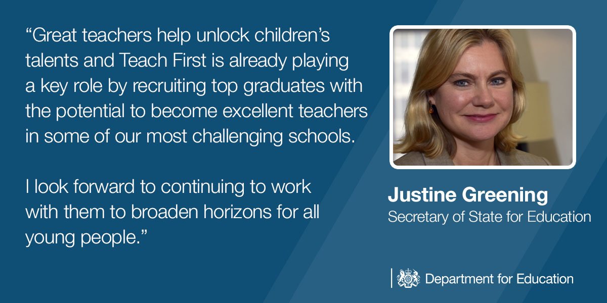 educationgovuk's tweet image. .@JustineGreening announces initiatives to ensure schools can recruit &amp;amp; retain the best #teachers #TFChallenge bit.ly/2xkfNzj