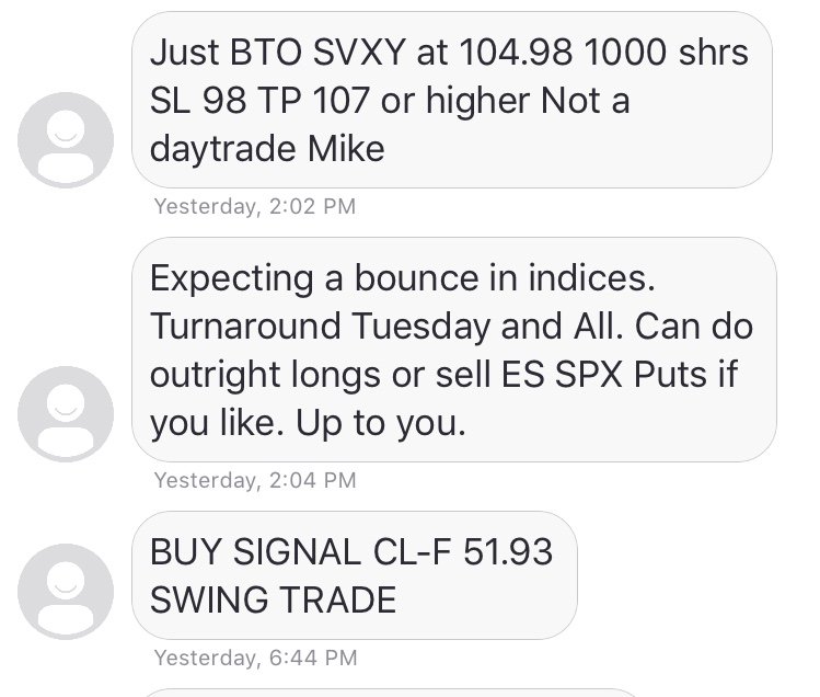 GavMson's tweet photo. Here it is ladies and gents. Our text alerts. 

No noise, just trades. 

https://t.co/di7W4lO1L0 $spy $cmg $svxy https://t.co/vVCApd9hlV