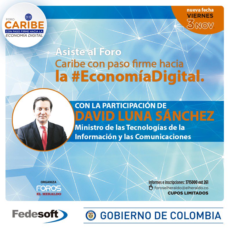 AppsCo's tweet photo. ¡Agéndate Barranquilla! Inscríbete al Foro "Caribe con paso firme hacia la #EconomíaDigital" Noviembre 3 ➟ https://t.co/G51boeqllh https://t.co/gccCid9n7Q