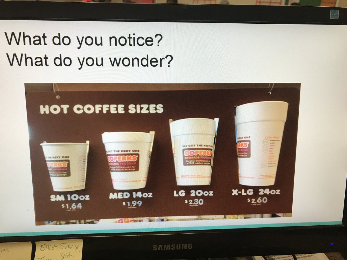 schwenic's tweet image. Introducing students to notice/wonder today to prime thinking on slope-int form. Started w/ coffee. Lots of good thinking! #mtbos #itechmath