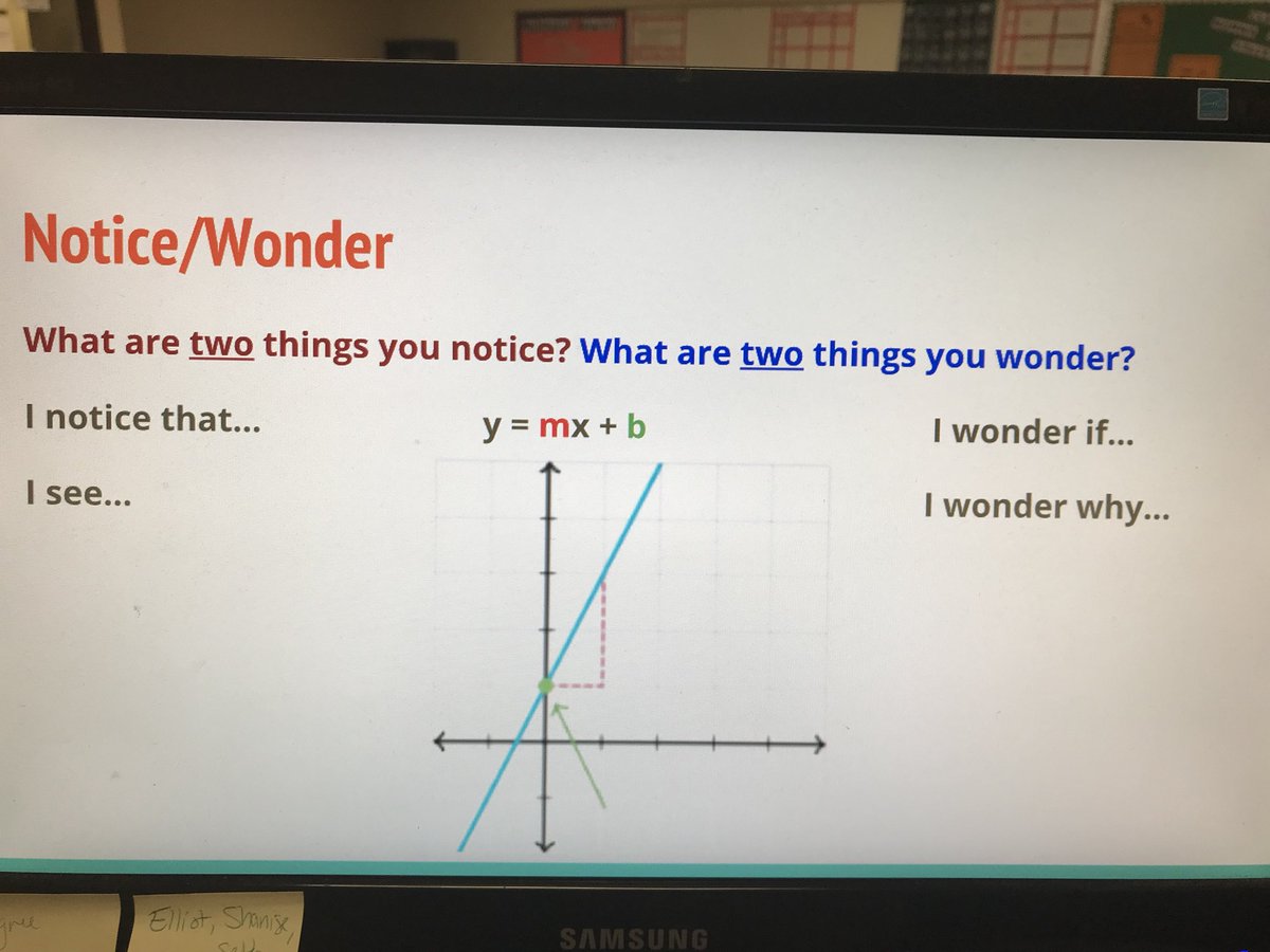 schwenic's tweet image. Introducing students to notice/wonder today to prime thinking on slope-int form. Started w/ coffee. Lots of good thinking! #mtbos #itechmath
