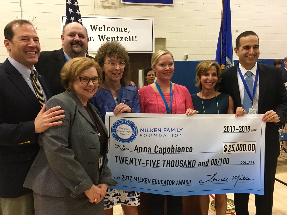 LynnSferrazza's tweet photo. #HallHigh #WestHartford English teacher Anna Capobianco (in pink)wins #Milken Award https://t.co/fNH4VhV6VM