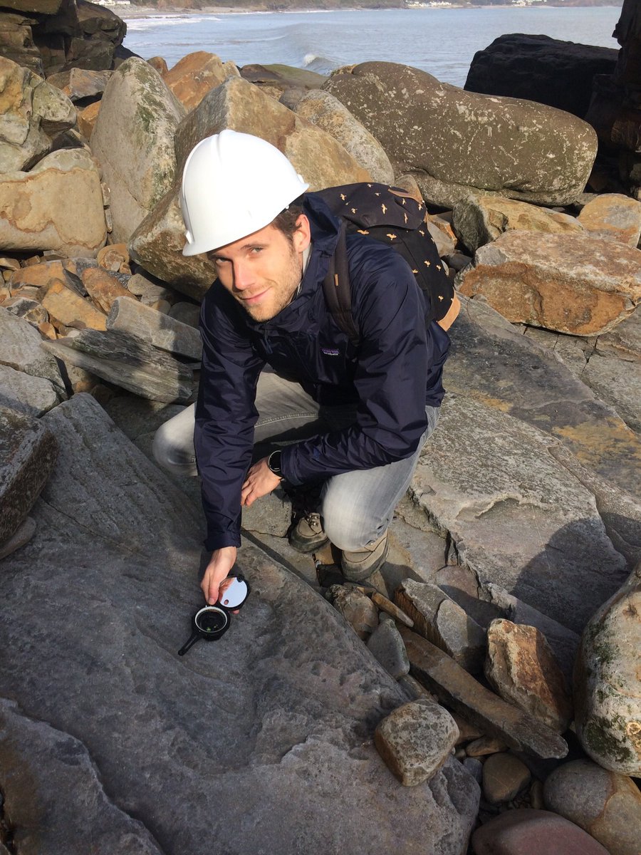 geologymeyer's tweet photo. The fake Brunton survived and excelled in the Welsh U. Carboniferous... as modelled here by @PDS_Ava Roderick measuring palaeoflow! #rocks https://t.co/YPn1vst0RX