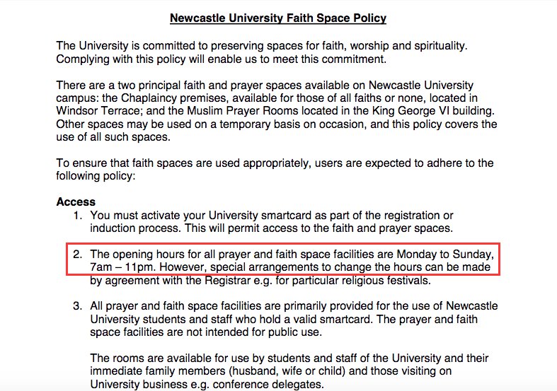 LivingIslam5's tweet photo. @UniofNewcastle @EqualityNCLUni @Ncl_ISoc @NCLOmani @SaudiNCL @NorthumbriaQ8So @NUMedMalaysia @nclTurkSociety .@ChronicleLive @bbcnewcastle @BBCNewsNE @itvtynetees @TheNorthernEcho 
Read their statement, then read their own POLICY! It says the Prayer Space should be open monday to SUNDAY 7am-11pm. Theyre LYING and have no desire to support their Muslim students! #NewcastleUniHatesMuslims https://t.co/5udvEj3Ghc