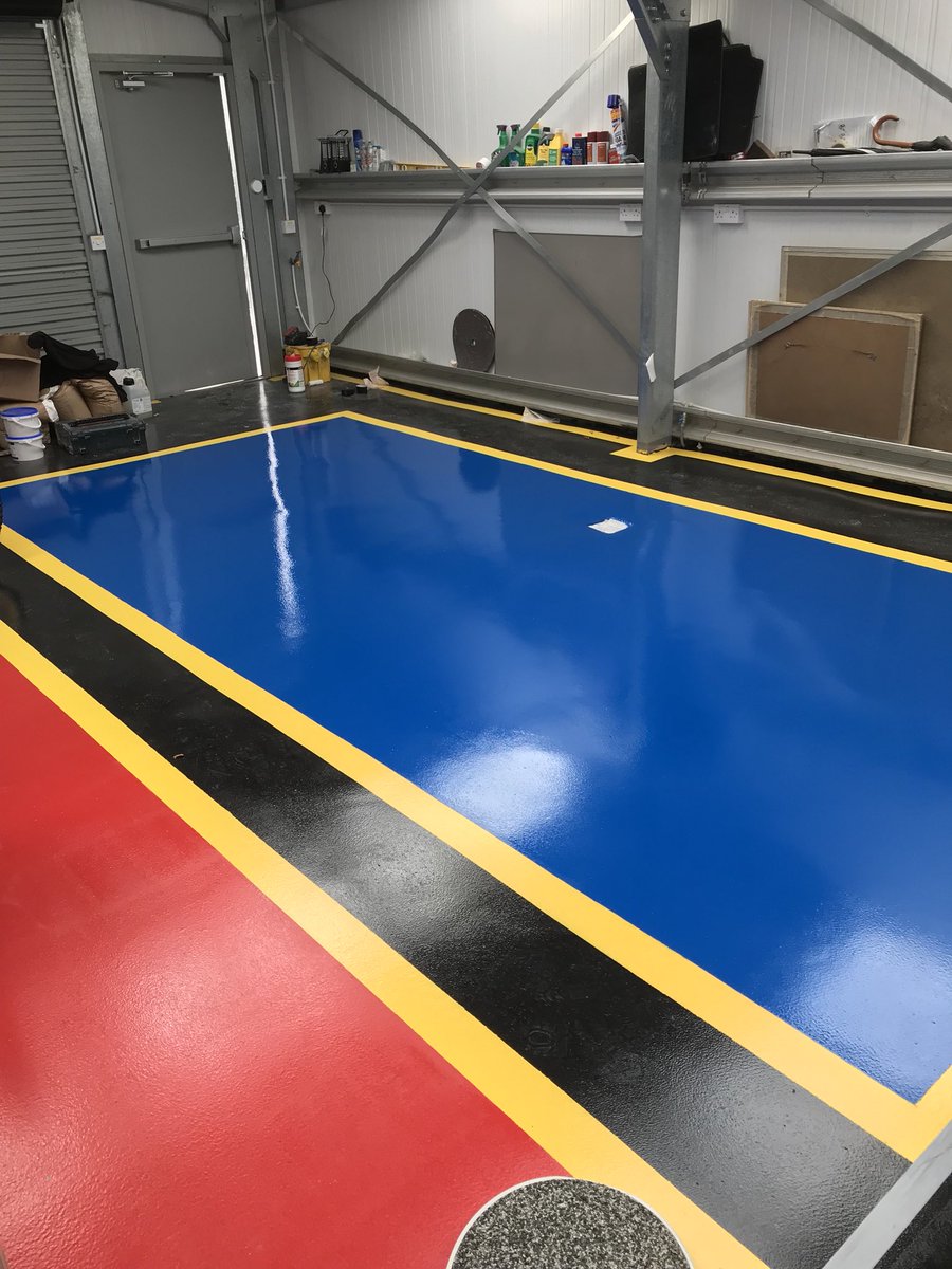 Our latest project! A garage floor consisting of 5 bays, yellow line marking and walkways, more to follow. #resinflooring #Edinburgh