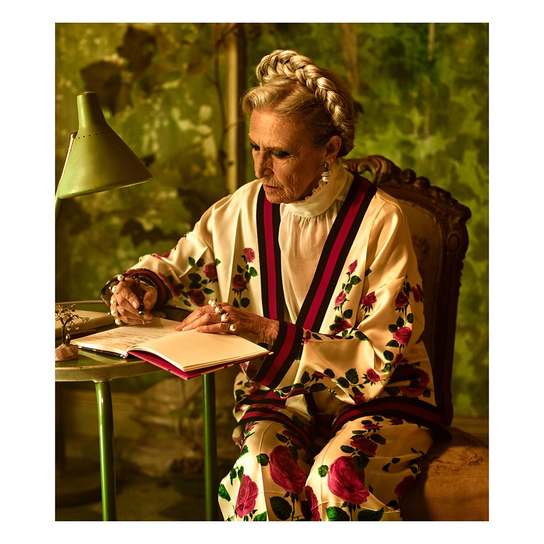 gucci's tweet photo. On set for #RomanRhapsody writer, journalist and screenwriter Barbara Alberti, in pajama-style cardigan and pants from #GucciCruise18. https://t.co/LT30Jbo96H