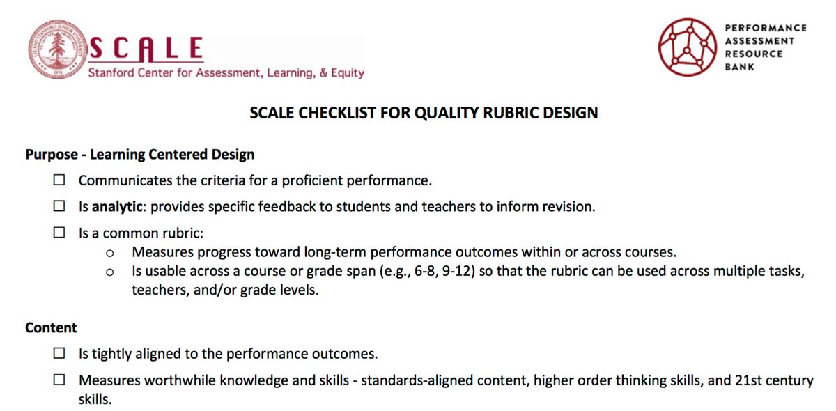 Free Checklist for Quality Rubric design - research based #deeperlearning resources &amp; account:  bit.ly/PARBquarub from <a href="/Stanford_SCALE/">SCALE</a>