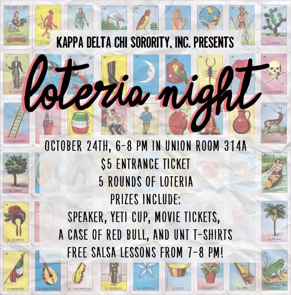 UNT_KDChi's tweet photo. LoterΓa Night π₯π₯ 1 more hours for the chance to win amazing prizes! Also come stop by for salsa lessons (free entry) ππ»ππ» #mgc #UNT #KDChi #alphaupsilon #loterianight https://t.co/YHiztbfyOB