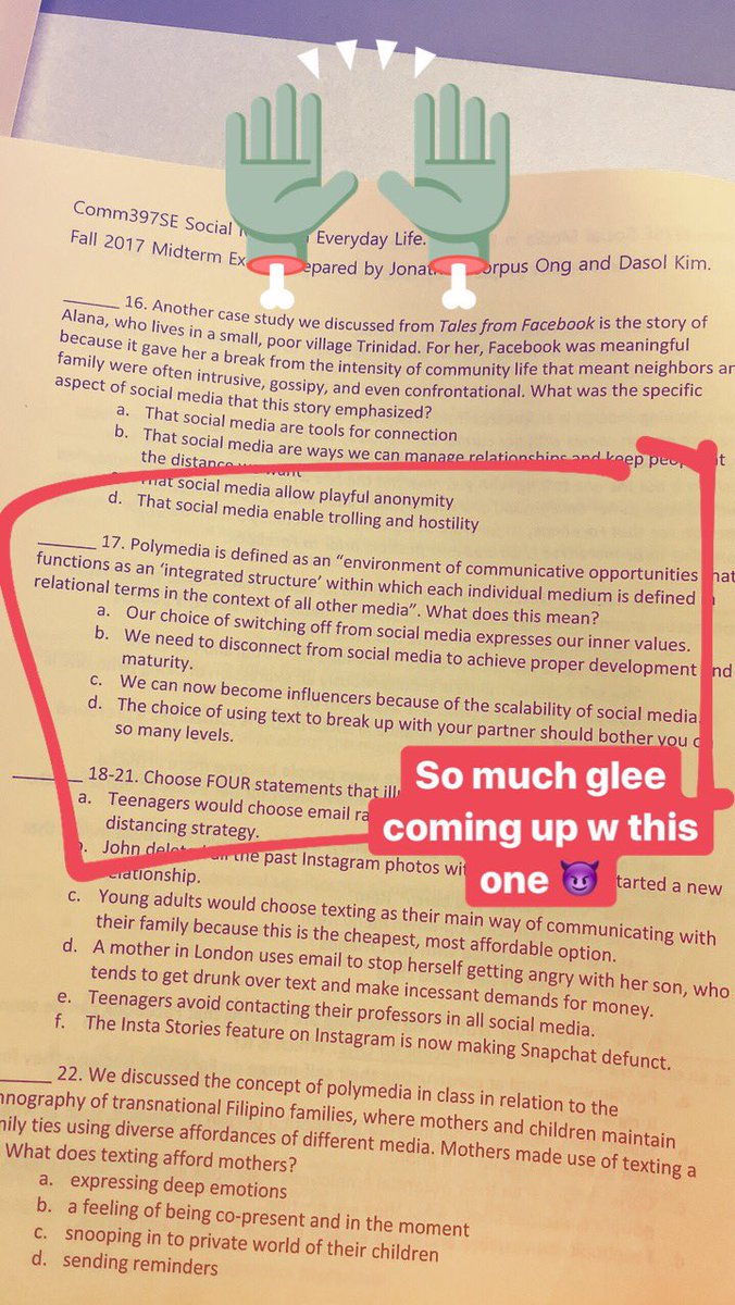 jonathan_c_ong's tweet image. Delicious fun coming up w multiple choice midterm exam on #polymedia #contextcollapse #socialmedia #ethnography 😈