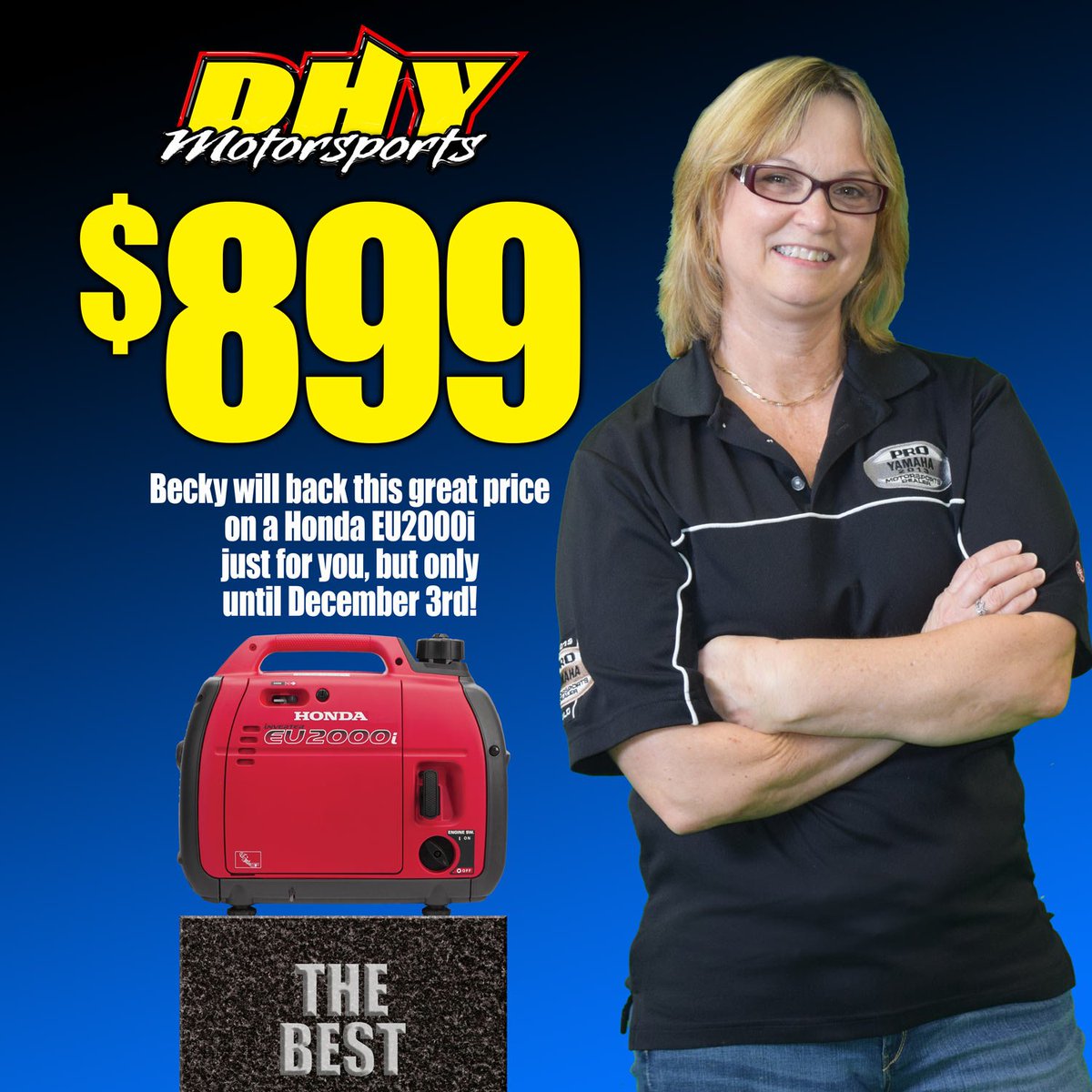 DHYNJ's tweet photo. Becky knows how to save money, and getting a #Honda #EU2000i portable #generator at #DHYMotorsports for just $899 is a great deal! #SaveBig https://t.co/k5gO2dJ479