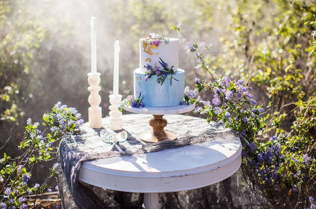 Inspired by the wetland surroundings, this cake table design incorporates the ethereal and organic look of the inspiration shoot. || Photo:…