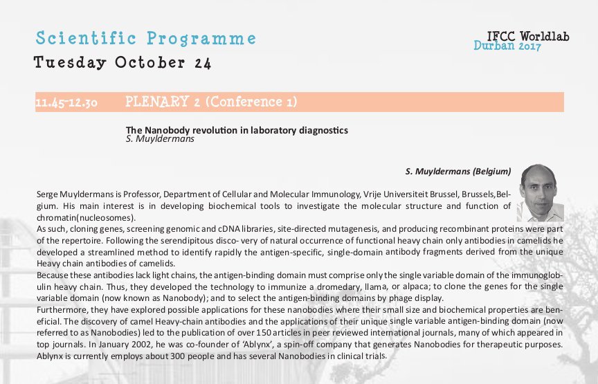 infobioquimica's tweet photo. #IFCCWorldLab2017 Prof. Serge Muyldermans (Bélgica) en la Conferencia Plenaria del 24 de octubre, sobre la revolución de los nanoanticuerpos https://t.co/FUgw7T0bUG