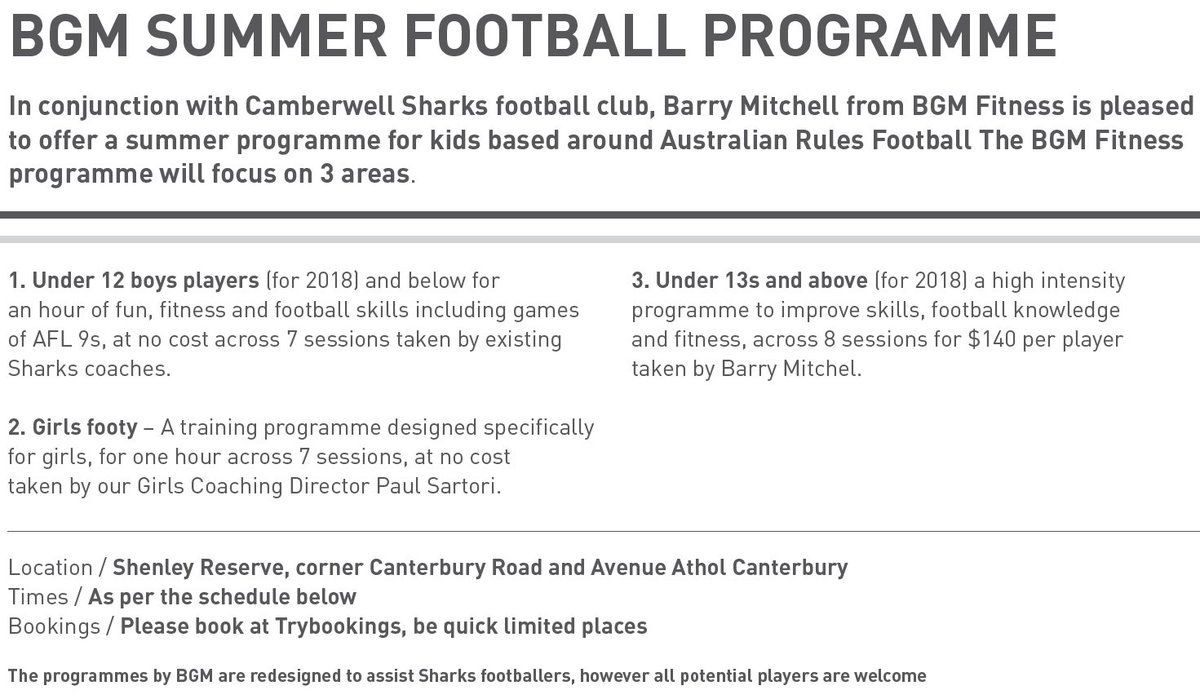 CamberwellShark's tweet photo. Summer 2017 program - Girls and Boys.  Please register at https://t.co/iZSPNIoQio Places are limited due to ground size. #camberwellsharks https://t.co/Nu0aDFQH7X