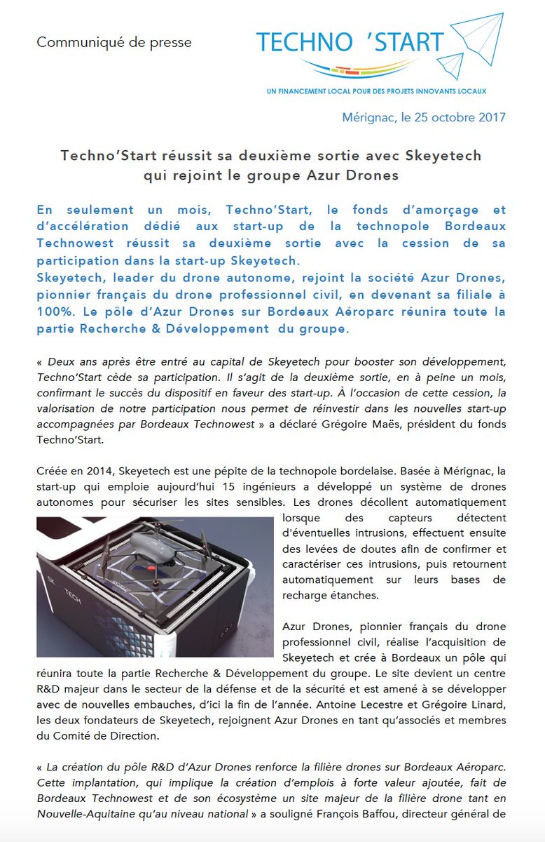 Bdx_Technowest's tweet photo. đą#TechnoStart, le fonds d'accĂ©lĂ©ration @Bdx_Technowest, rĂ©ussit sa 2Ăšme sortie avec #startup @Skeyetech qui rejoint le groupe @AzurDronesđ đ https://t.co/vafQfMwoxu