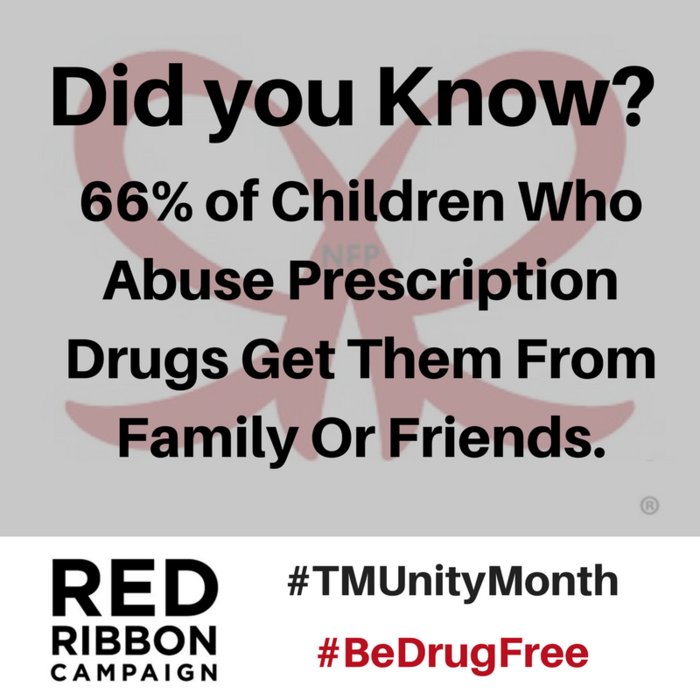 msd25's tweet photo. 66% of children who abuse prescription drugs get them from family or friends. Take a stand https://t.co/U7O2bzzqhx #TMUnityMonth #BeDrugFree https://t.co/f572PTfdDF