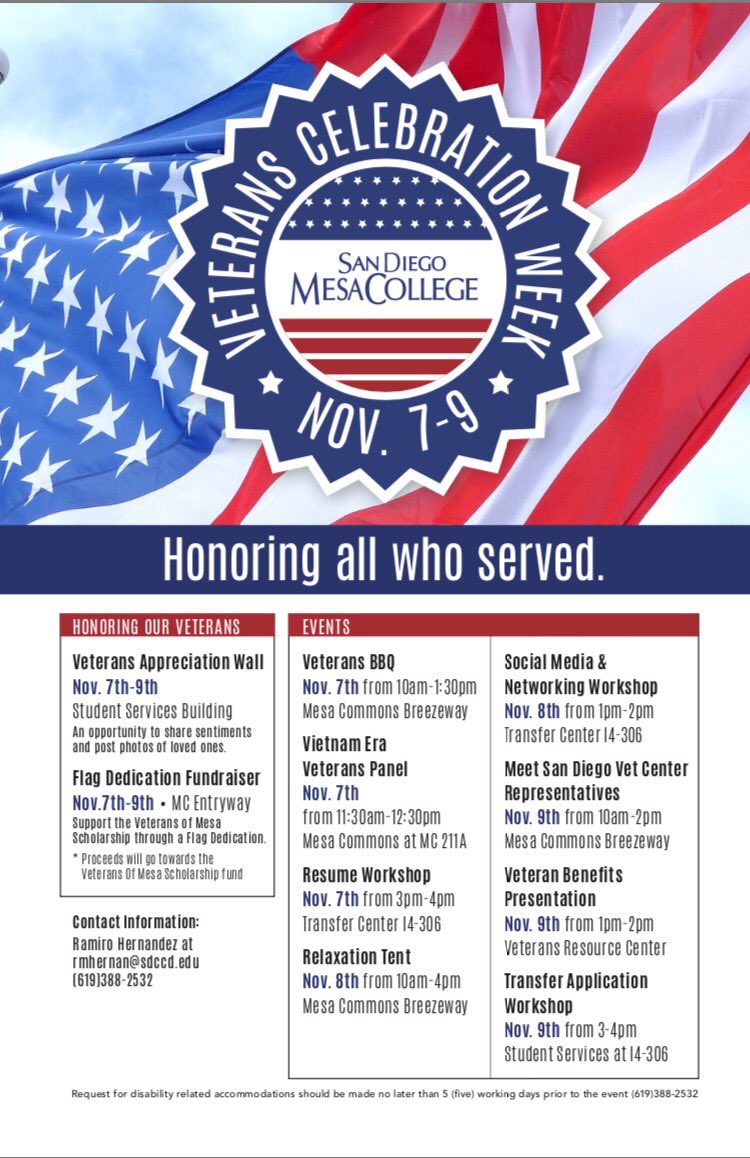 Join the SVO as we attend and support Veterans Celebration Week <a href="/sdmesacollege/">SanDiegoMesaCollege</a> #VeteransDay