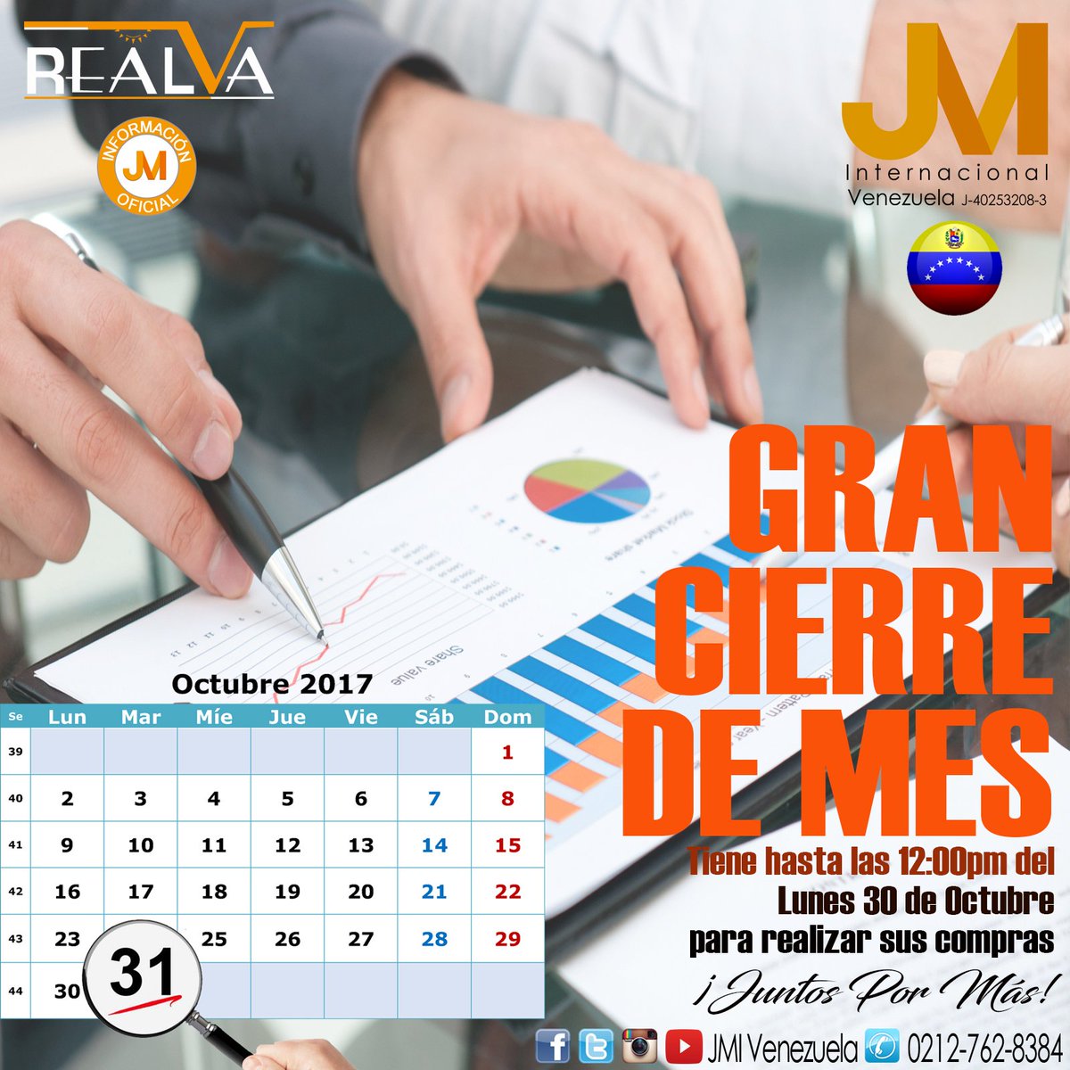 JMIVenezuela's tweet photo. Familia JM Venezuela, se acerca el CIERRE DE MES , Recuerda que tiene hasta las 12:00pm del Lunes 30 de Octubre para realizar sus compras. https://t.co/FyQ7ZvN6ai