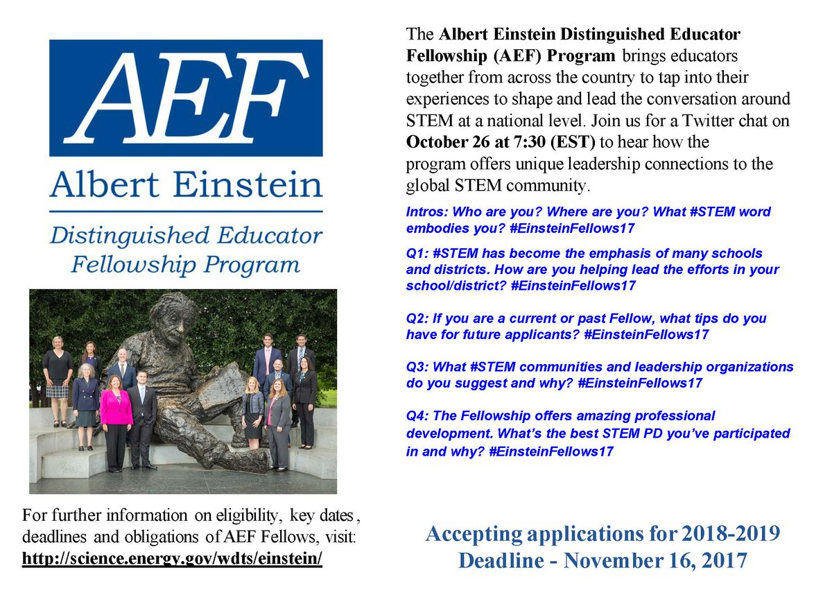 AEF_Program's tweet photo. Learn more about what #EinsteinFellows17 do during the 11 months in DC, hear about #STEM Professional Learning opportunities, and gain some tips on the application process this Thursday 10/26 @ 7:30 (est). Join us for a #leadership #edchat! https://t.co/dyrDcho1k0