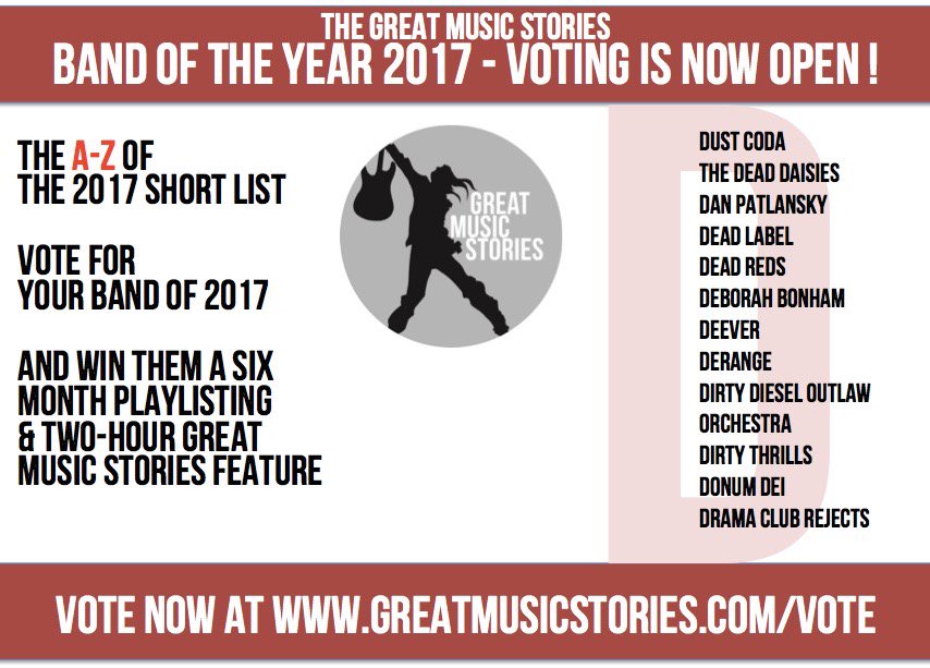 Does 'D' stand for dead cert? Vote for your band of the year 2017 - winner gets a 6 month play listing! greatmusicstories.com/vote - get busy!
