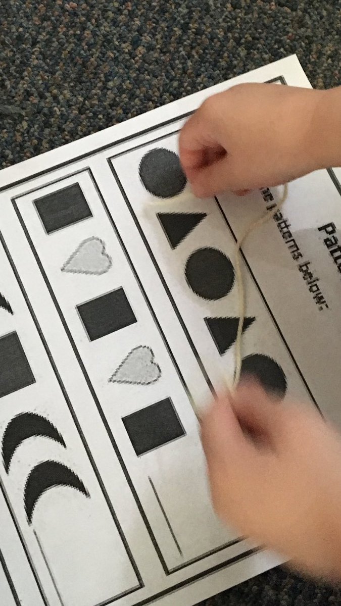 Admiral kindergarten students using string to meet the learning goal of identifying the core in a repeating pattern.  #SCDSBmath <a href="/acfleet/">Admiral Collingwood</a>