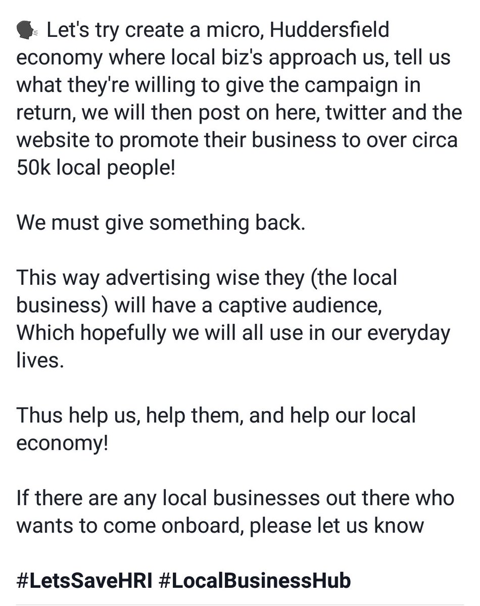 LetsSaveHRI's tweet photo. **MESSAGE TO BUSINESSES** 
From @KD10 
#LetsSaveHRI #BackTheCampaign #Pledge4HRI #LocalBusinessHub https://t.co/5ZJCrsKqtJ