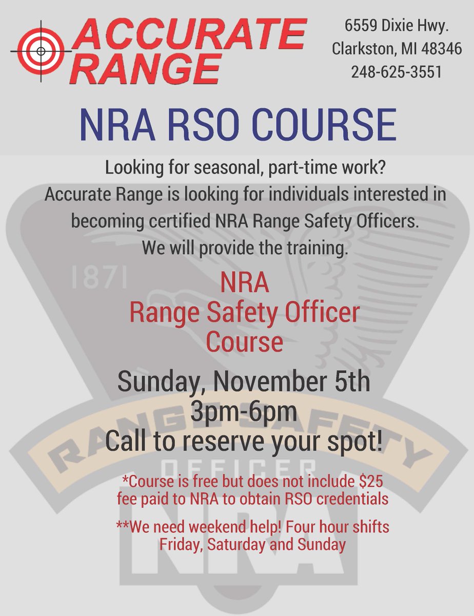 accur8firearms's tweet image. RSO Course available. Limited spots. Call to reserve yours today. (248)-625-3551

#NRA #RSO #RangeSafety