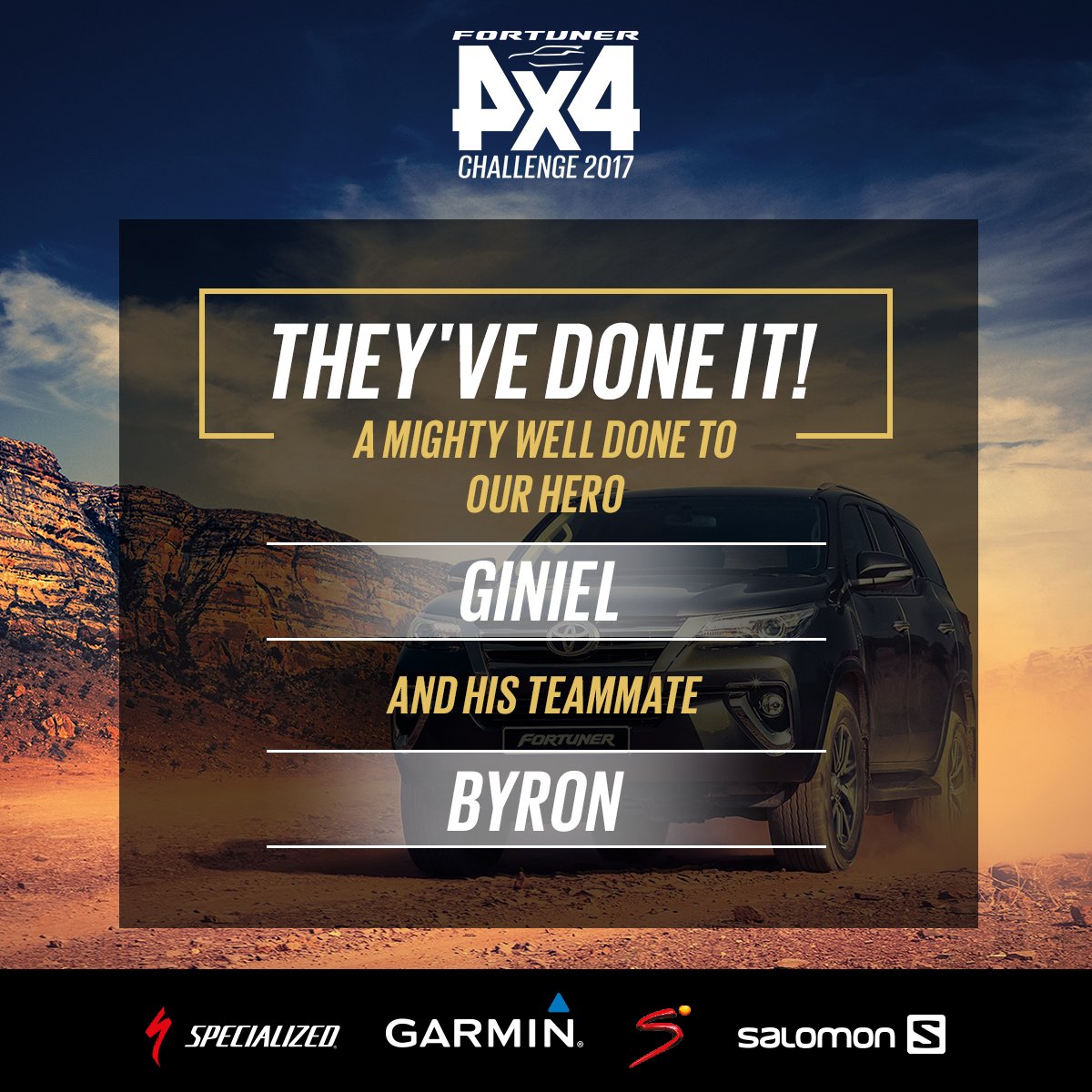 ToyotaSA's tweet photo. The results are in! #Fortuner4x4Challenge Hero Giniel &amp; Byron have beat the rest &amp; come out tops! Catch it on @SuperSportTV SS6, 7pm, 17 Nov https://t.co/oEySDicl3l