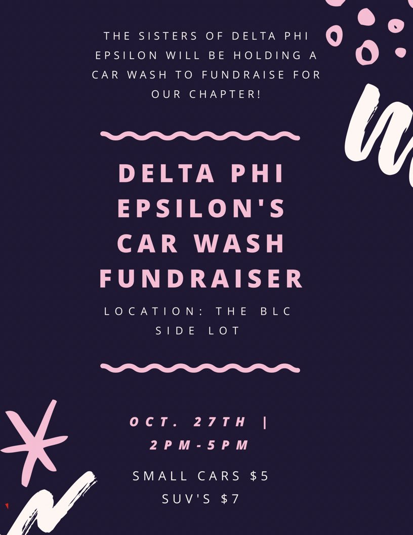 deepher_rider's tweet photo. This Friday, Delta Phi Epsilon will be hosting a car wash fundraiser! 💦🚘 From 2pm-5pm, we will wash your car! https://t.co/oicmdCIwVp