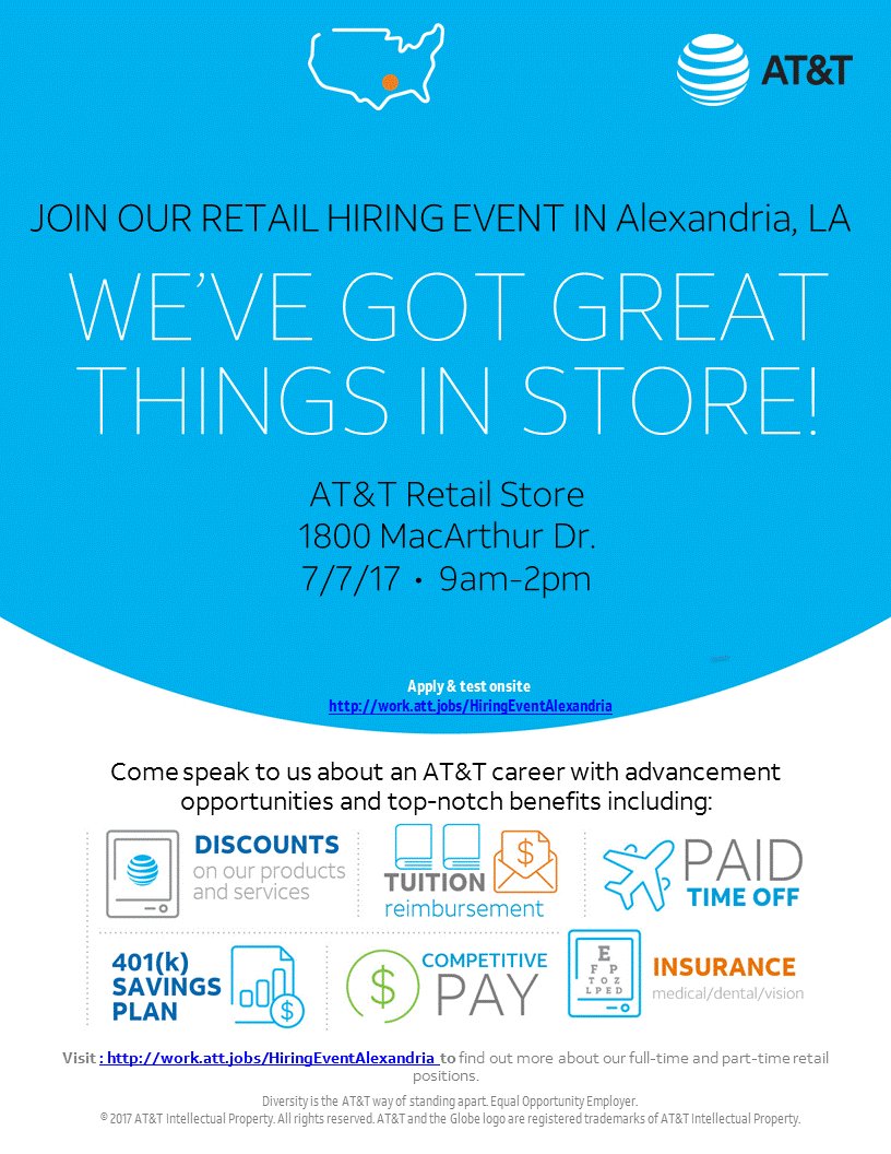 Layers0's tweet photo. AT&amp;T is having a Hiring Event for Retail Sales Consultants in Alexandria, LA
11/7/17 https://t.co/Cujz87am4g