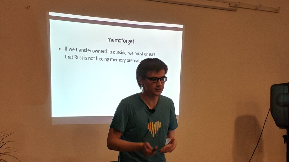 RustHungary's tweet photo. @mozTechSpeakers @nbaksalyar @rustlang “While using a memory location w/ foreign calls, mem::forget() can help you stop Rust from deallocating it prematurely" #rusthu #devroadshow https://t.co/tVdV1JcVWL