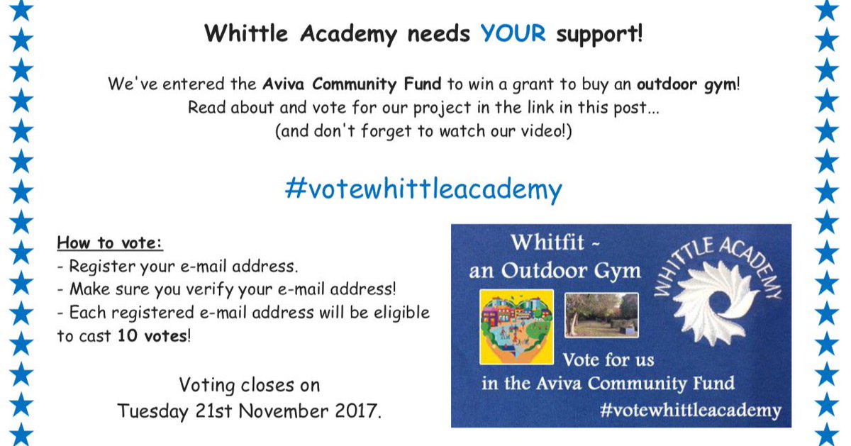 Whittle Academy needs YOUR support! Vote for us to win a grant from the Aviva Community Fund now at avivacommunityfund.co.uk/voting/project… #voteforwhittle