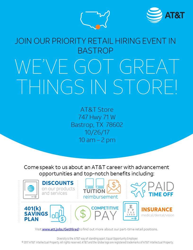 michellewoods2's tweet photo. Join AT&amp;T Bastrop Retail Team for our Priority Hiring Event on October 26, 2017 or Join AT&amp;T Austin Retail Team for our Priority Hiring Event on October 27, 2017. Learn more about our retail opportunities. Apply online today > https://t.co/TfGSfztKzH https://t.co/xBPErYNgNY