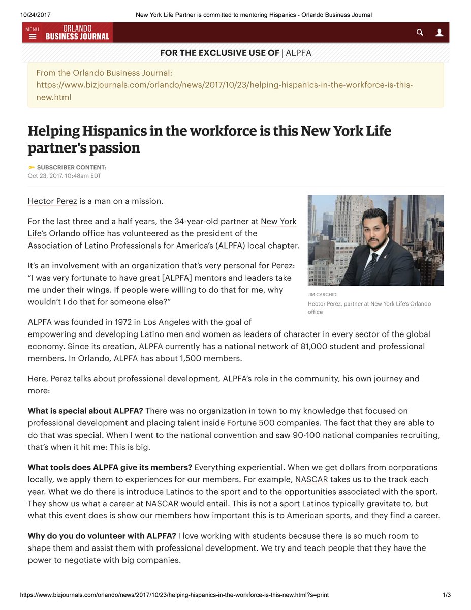ALPFAOrlando's tweet photo. @ALPFAOrlando President,@NewYorkLife @Orlando Partner @PerezHector featured in @OBJUpdate for his #leadership at @ALPFA. #ALPFA #NewYorkLife https://t.co/1WLi5rZCLG