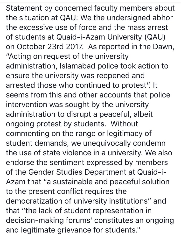 Tooba_Sd's tweet photo. Statement by concerned faculty members from universities across Pakistan re police crackdown on #QAU students 1/2 https://t.co/xdXFDiqSne
