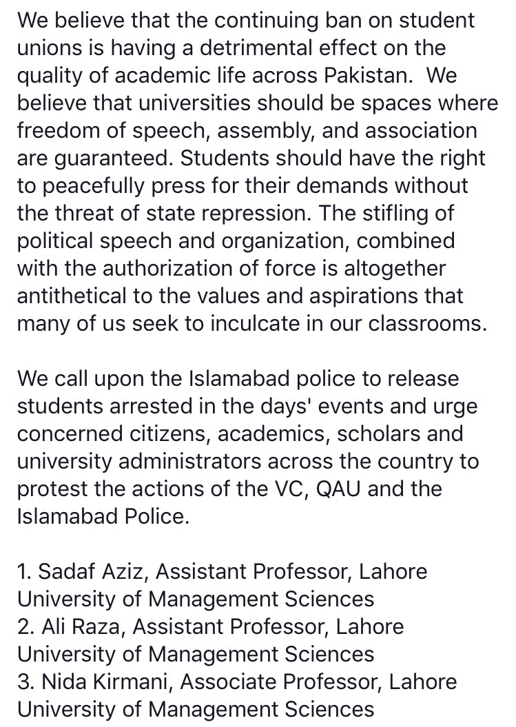 Tooba_Sd's tweet photo. Statement by concerned faculty members from universities across Pakistan re police crackdown on #QAU students 1/2 https://t.co/xdXFDiqSne